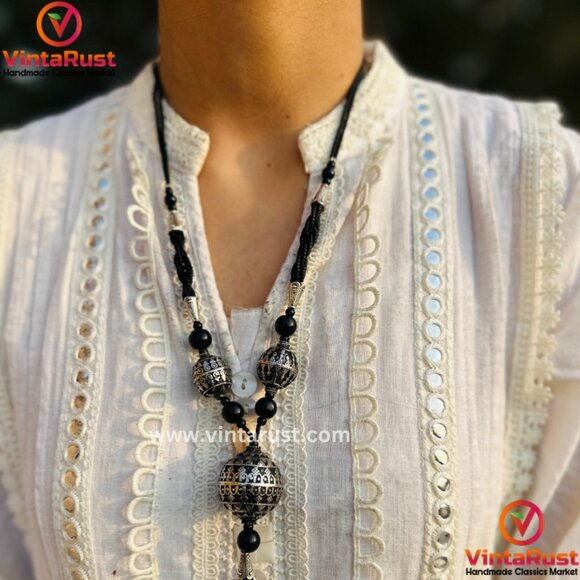 Artisan Black Boho Pendant Necklace | Rustic Boho Black Beaded Necklace - Picture 2 of 11